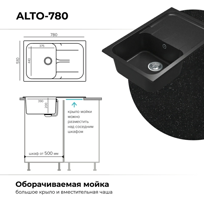 Кухонная мойка Polygran ALTO-780 Цвет Чёрный