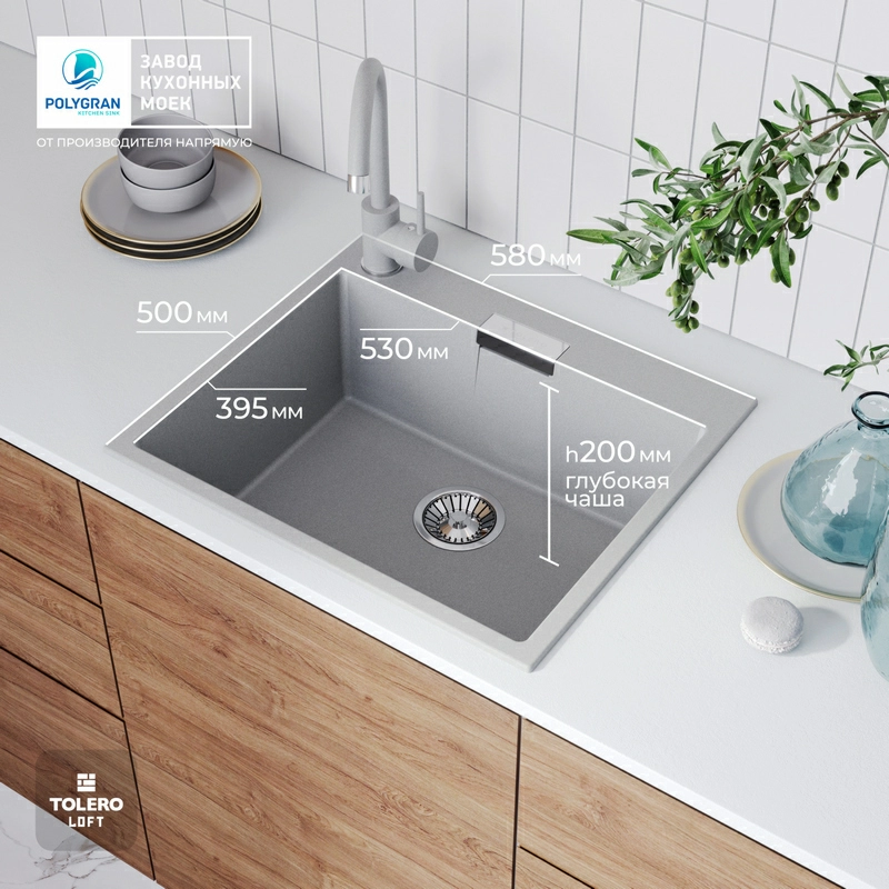 Кухонная мойка Tolero Loft-580 Цвет Платина