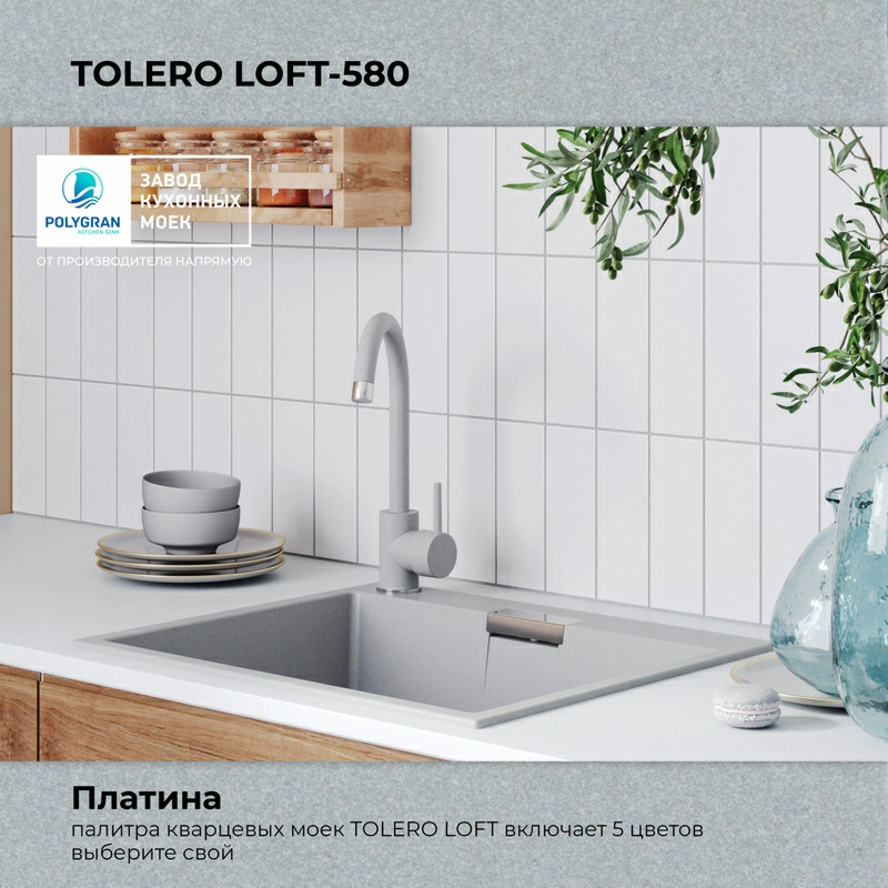 Кухонная мойка Tolero Loft-580 Цвет Платина