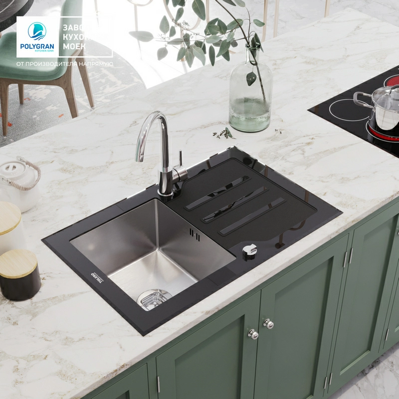 Кухонная мойка Tolero Ceramic Glass TG-780 (Закаленное стекло / Сталь)