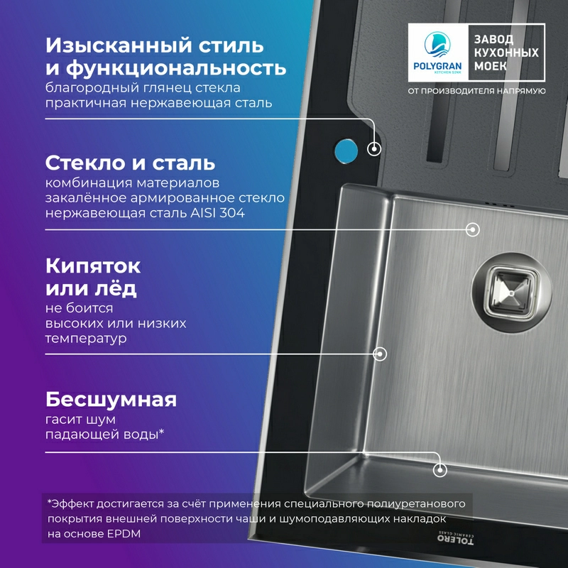 Кухонная мойка Ceramic Glass TG-860 (Закаленное стекло / Нержавеющая сталь)