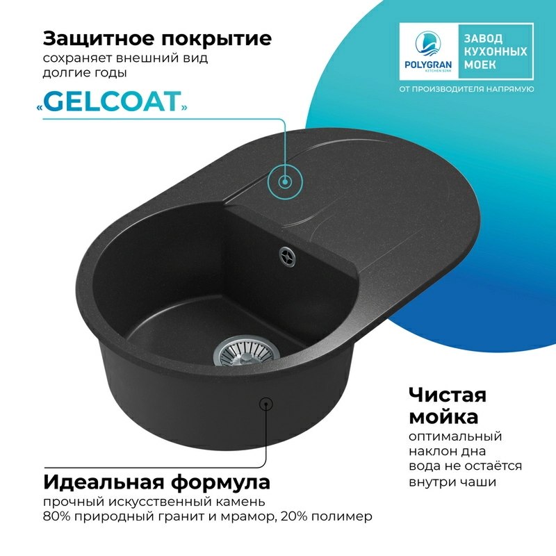 Кухонная мойка Polygran ATOL-760 Цвет Чёрный