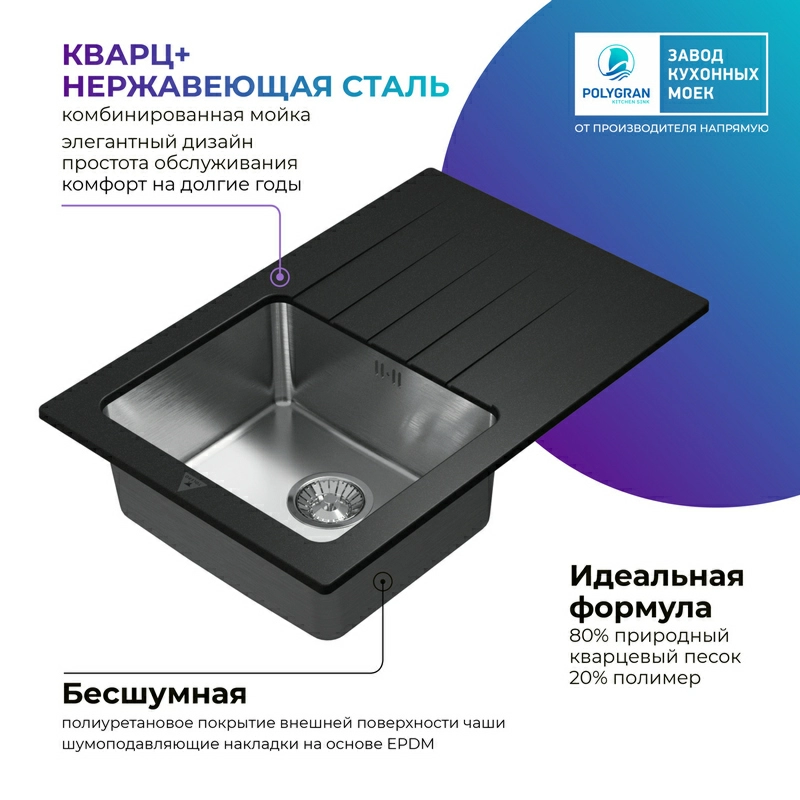 Кухонная мойка Tolero Twist TTS-760 Цвет Уголь