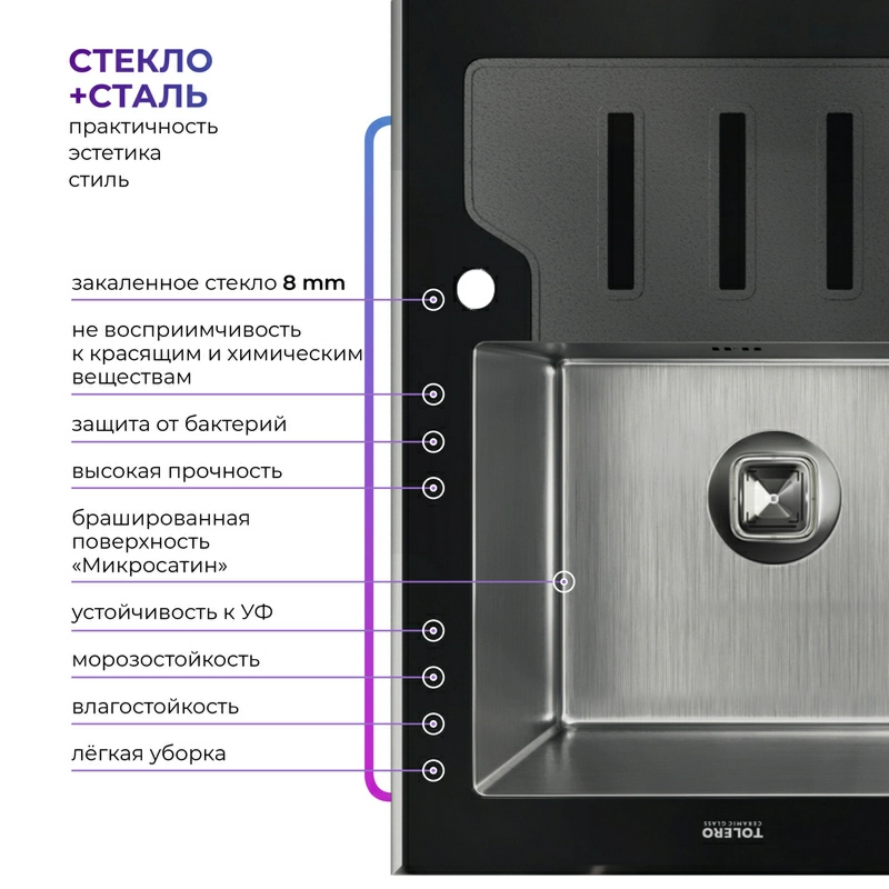 Кухонная мойка Ceramic Glass TG-660 (Закаленное стекло / Нержавеющая сталь)