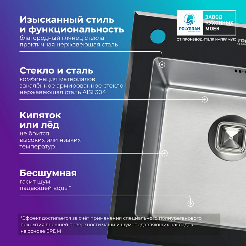 Кухонная мойка Ceramic Glass TG-500 (Закаленное стекло / сталь)