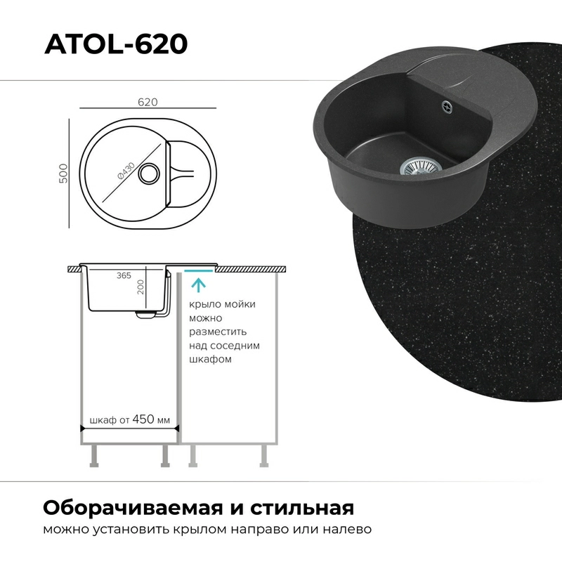 Кухонная мойка Polygran ATOL-620 Цвет Чёрный