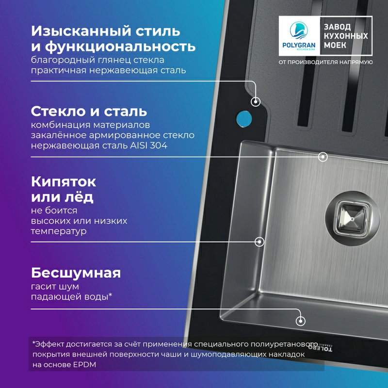 Кухонная мойка Tolero Ceramic Glass TG-780 (Закаленное стекло / Сталь)