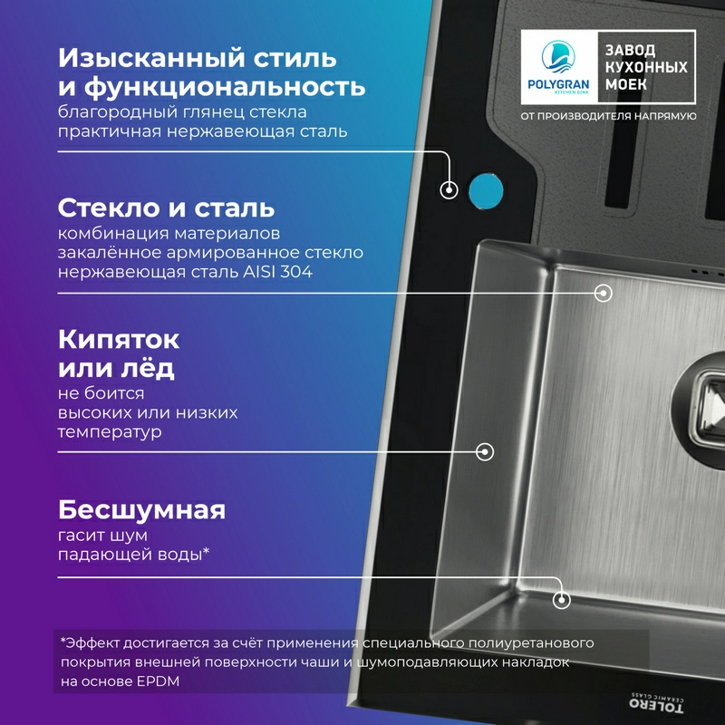 Кухонная мойка Ceramic Glass TG-660 (Закаленное стекло / Нержавеющая сталь)