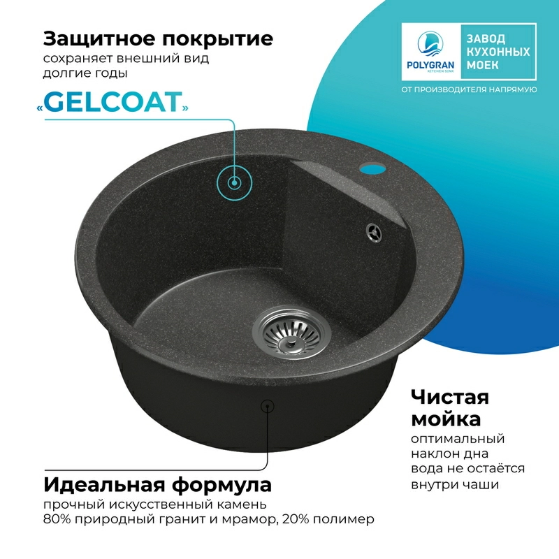 Кухонная мойка Polygran ATOL-520 Цвет Чёрный
