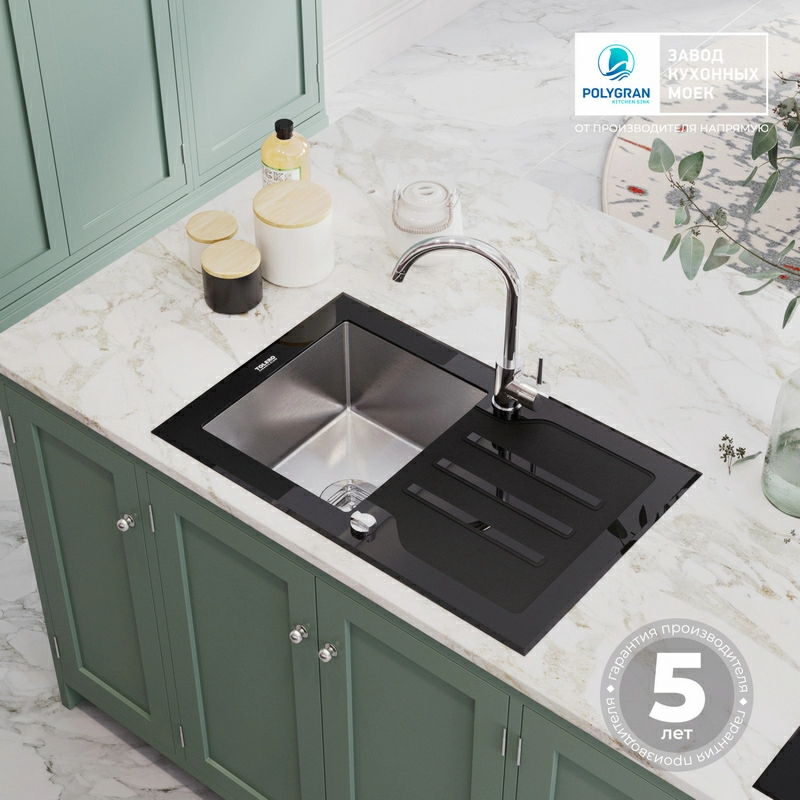 Кухонная мойка Tolero Ceramic Glass TG-780 (Закаленное стекло / Сталь)