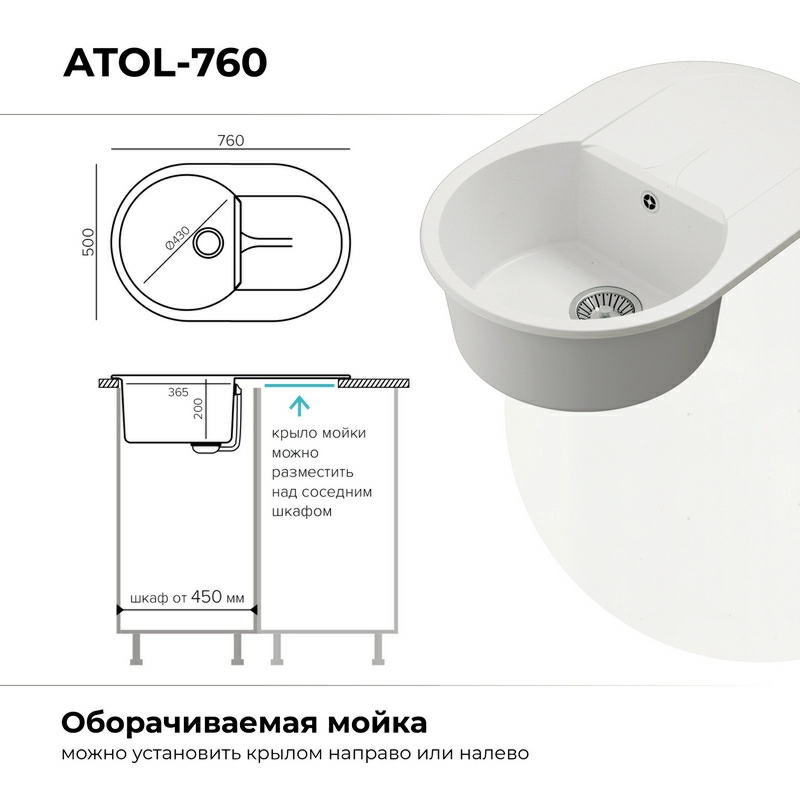 Кухонная мойка Polygran ATOL-760 Цвет Белый Хлопок