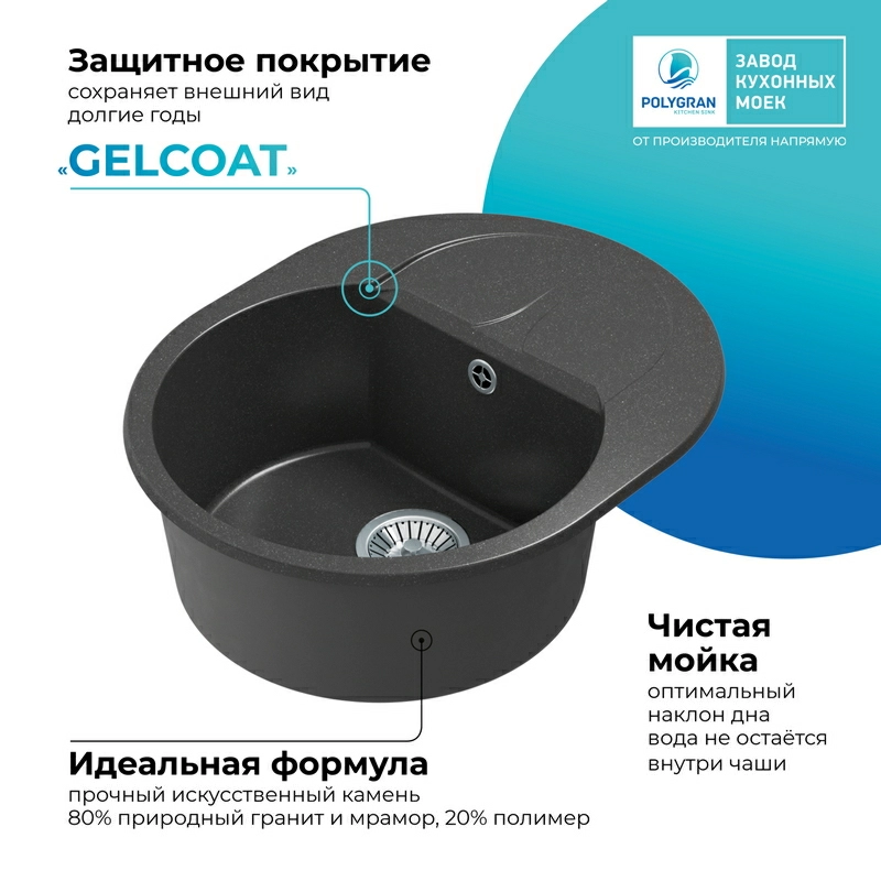 Кухонная мойка Polygran ATOL-620 Цвет Чёрный
