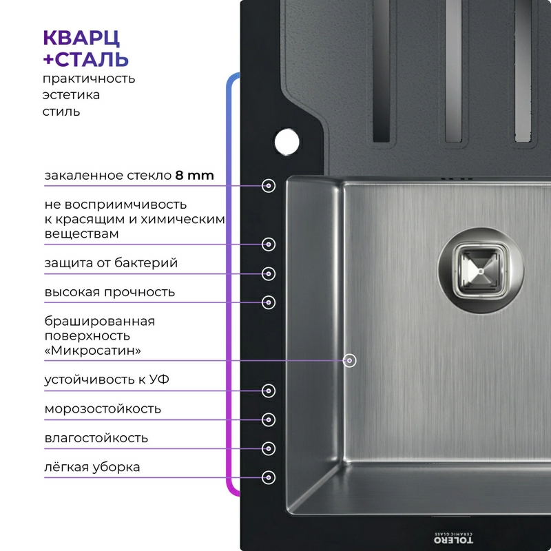 Кухонная мойка Ceramic Glass TG-860 (Закаленное стекло / Нержавеющая сталь)