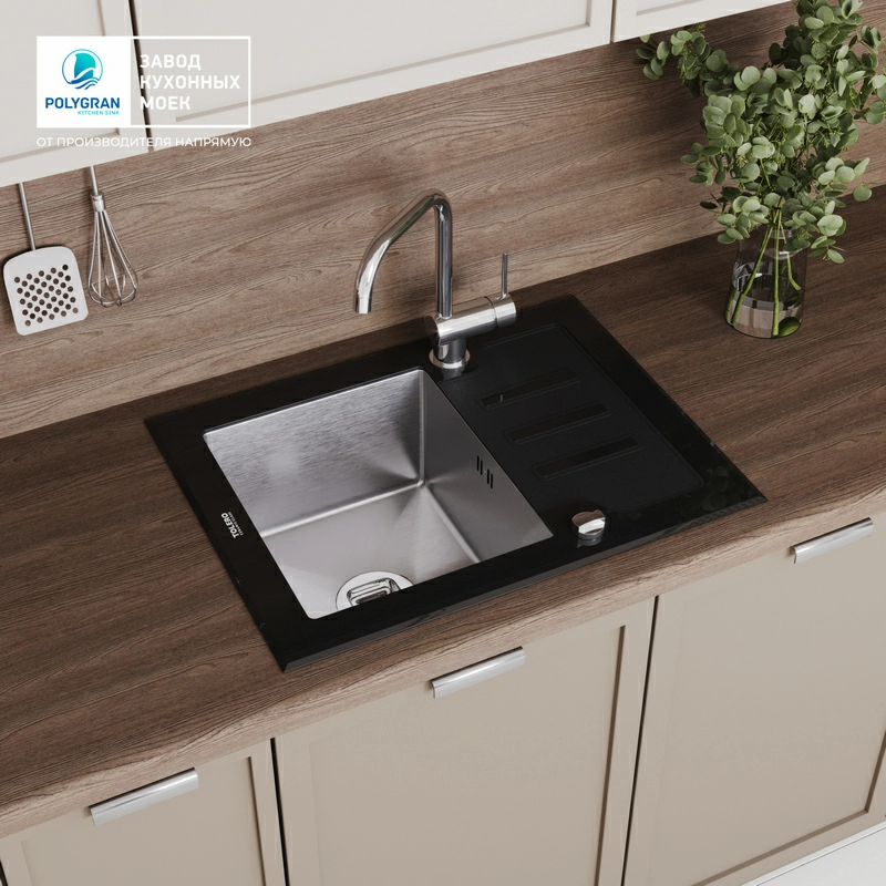 Кухонная мойка Ceramic Glass TG-660 (Закаленное стекло / Нержавеющая сталь)