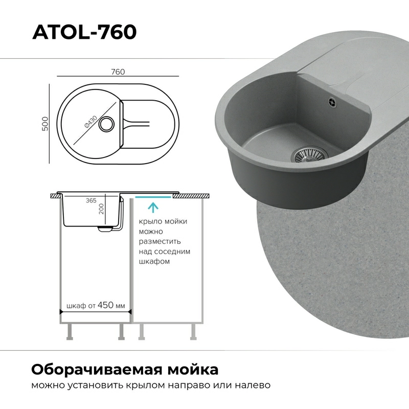 Кухонная мойка Polygran ATOL-760 Цвет Серый