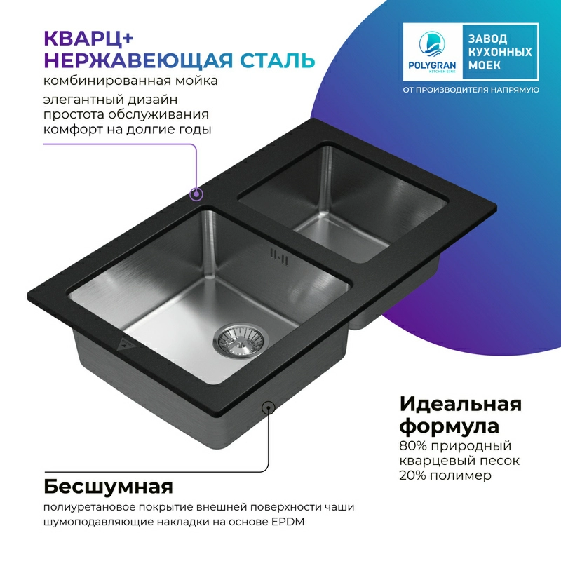 Кухонная мойка Tolero Twist TTS-840 Цвет Уголь