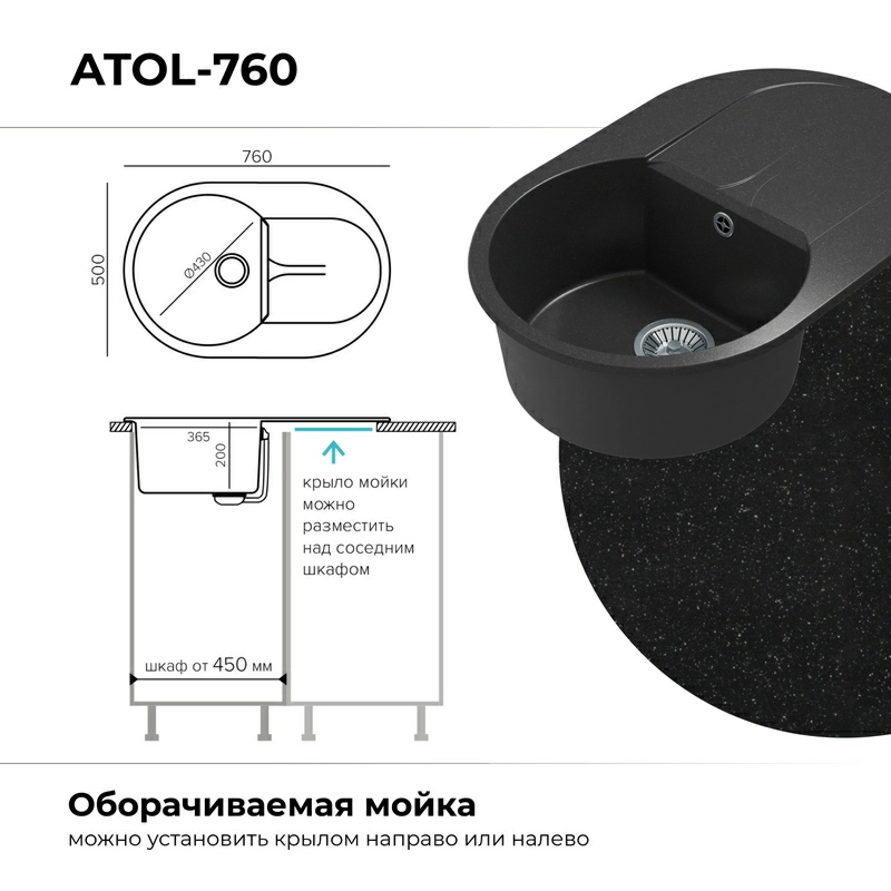 Кухонная мойка Polygran ATOL-760 Цвет Чёрный