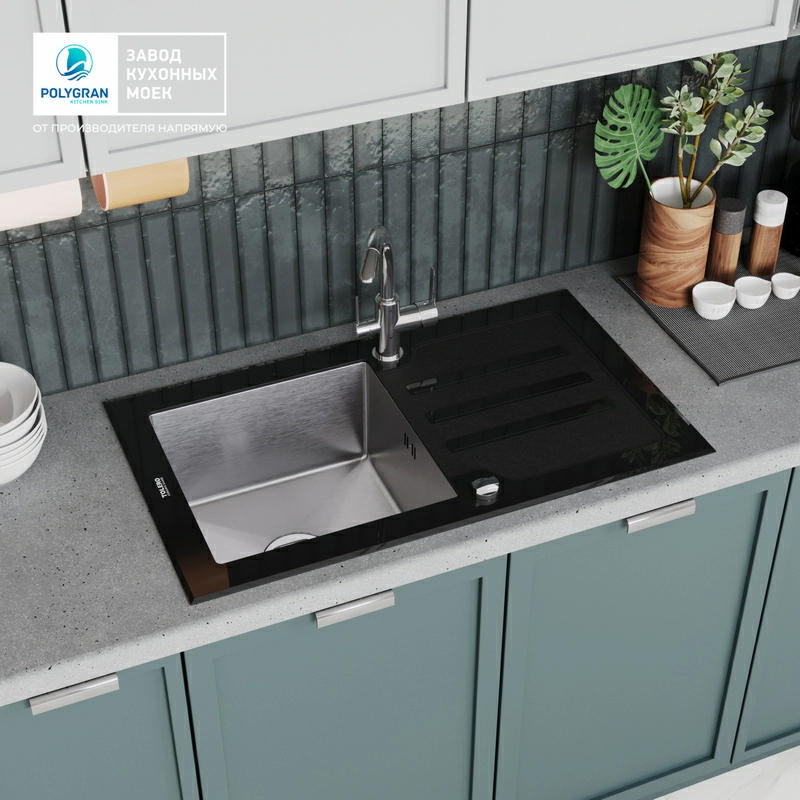 Кухонная мойка Ceramic Glass TG-860 (Закаленное стекло / Нержавеющая сталь)