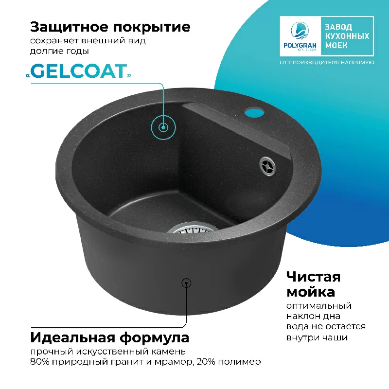 Кухонная мойка Polygran ATOL-460 Цвет Чёрный