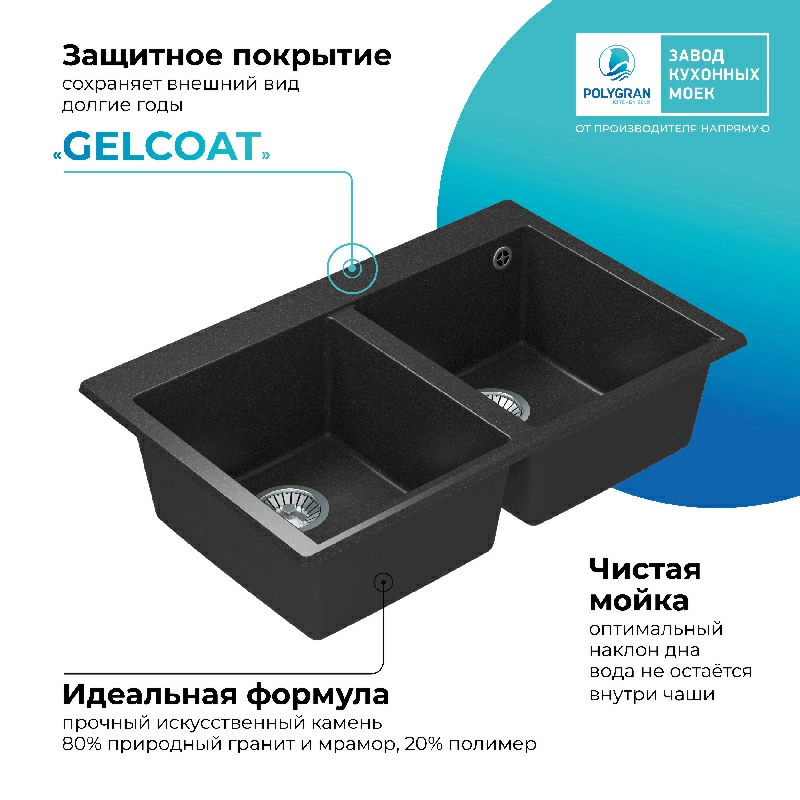 Кухонная мойка Polygran BRIG-790 Цвет Чёрный