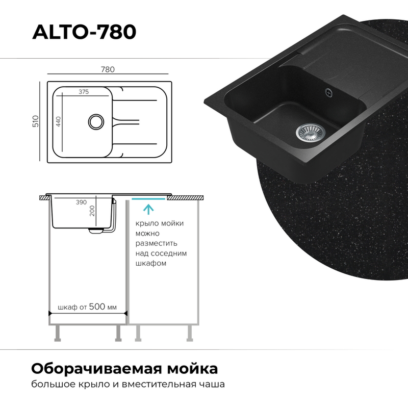 Кухонная мойка Polygran ALTO-780 Цвет Чёрный